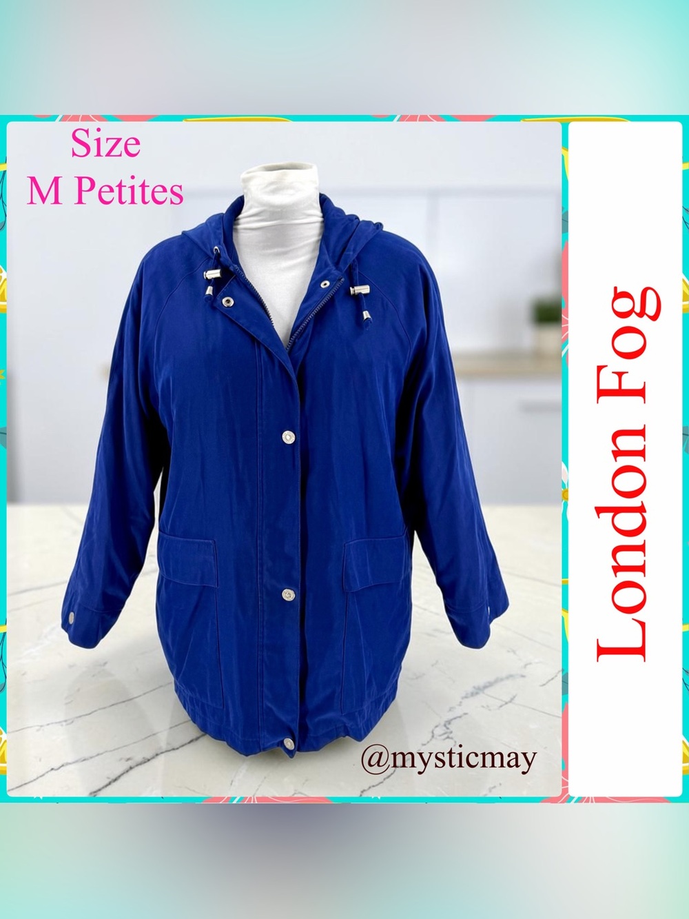 LONDON FOG Royal Blue Hooded Anorak Utility Jacket Parka Coat Size M Petites